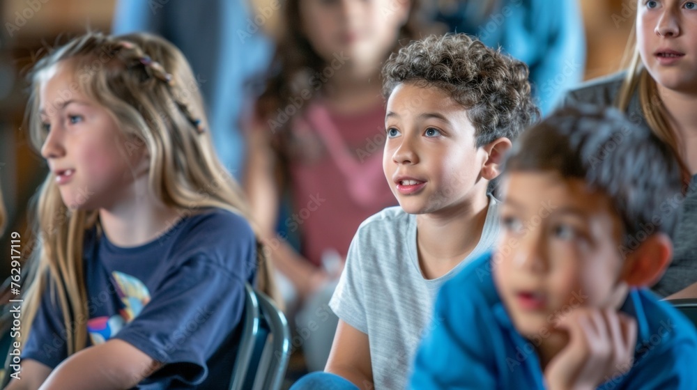 A group of children huddled around a directors chair eagerly listening as one child gives direction and guidance for the upcoming performance. A group of children huddled around a directors chair eagerly listening as one child gives direction and guidance for the upcoming performance.