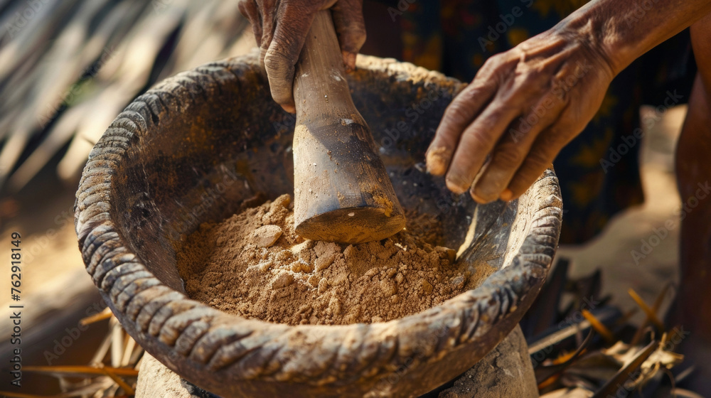 Using a large mortar and pestle a group of villagers pulverize dried palm leaves and clay creating a traditional mixture used for centuries in sustainable construction - obrazy, fototapety, plakaty 