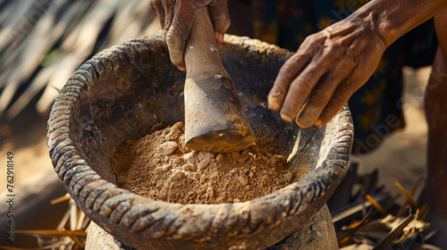 Using a large mortar and pestle a group of villagers pulverize dried palm leaves and clay creating a traditional mixture used for centuries in sustainable construction
