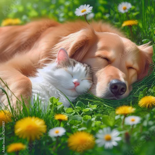 Fototapeta Cute dog and cat sleeping together on green grass with flowers.
