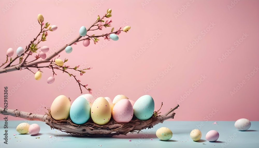 Easter colored eggs hanging on a branch on a pink background. Easter decorations. Easter banner