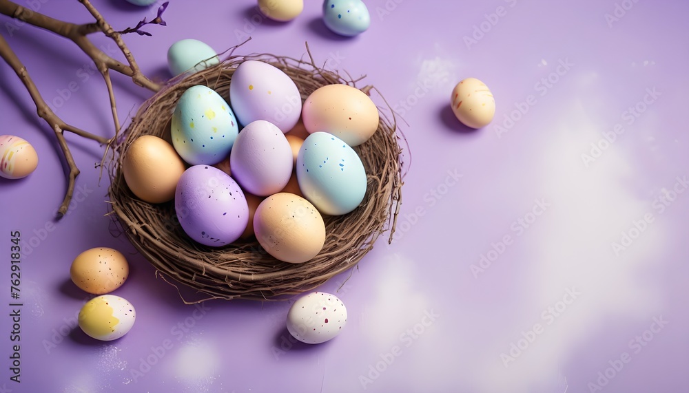 Easter colored eggs hanging on a branch on a violet background. Easter decorations. Easter banner Easter colored eggs hanging on a branch on a violet background. Easter decorations. Easter banner