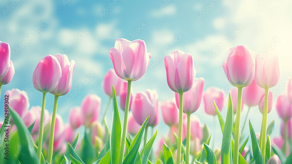 Vibrant Pink Tulips in Full Bloom, Sunny Blue Sky with Light Clouds, Spring Freshness