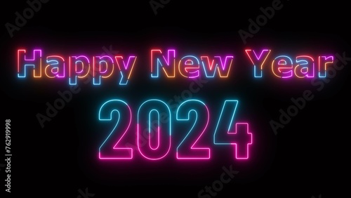 Neon text Happy New Year 2024 background illustration .