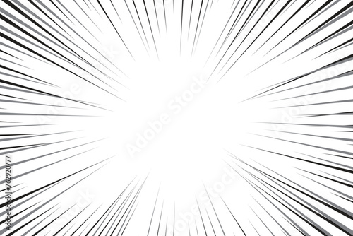 Black radial comics style lines, isolated on white background. Speed abstract. Vector illustration
