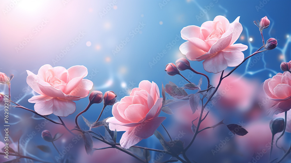 fantasy mysterious spring floral banner with blooming pink flowers