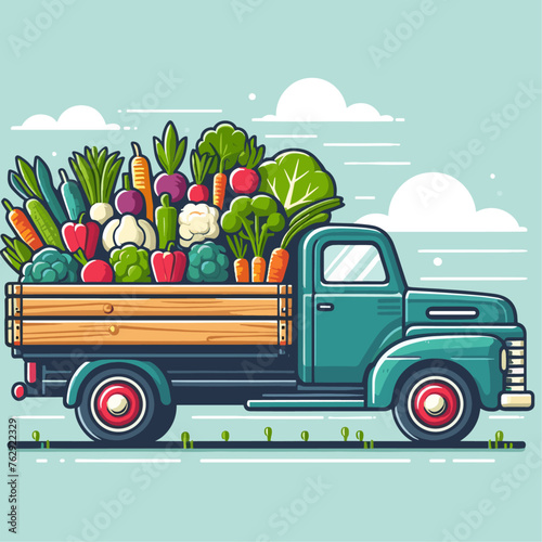 Flat Retro truck loaded with fresh vegetables farm vector