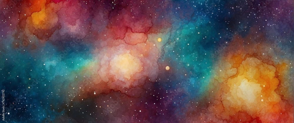 Space watercolor background with beautiful stars. Colorful space background