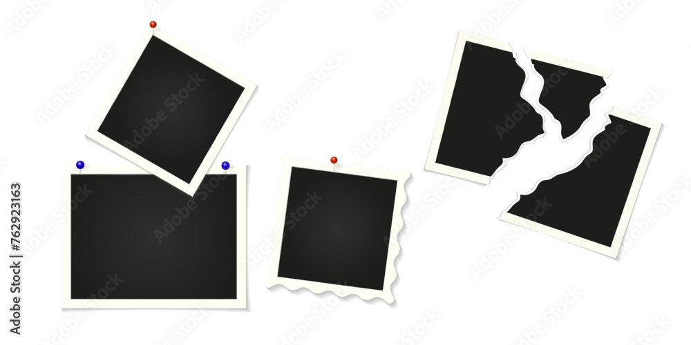 Collage photo frames with buttons. Retro snapshots, mockup of instant photos attached with buttons, torn old photo. Realistic template with shadow. Vector illustration Collage photo frames with buttons. Retro snapshots, mockup of instant photos attached with buttons, torn old photo. Realistic template with shadow. Vector illustration