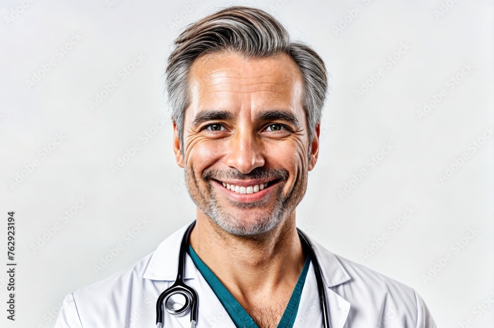 A smiling doctor exuding confidence in a pristine white coat, adorned with a stethoscope gracefully hanging around his neck. Depiction captures the finest nuances of his small beard.