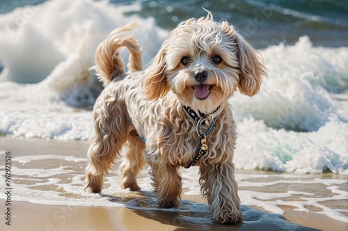 Image of a small multipoo dog standing gracefully on a sandy beach, with the vast expanse of the ocean stretching out behind it