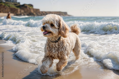 Image of a small multipoo dog standing gracefully on a sandy beach, with the vast expanse of the ocean stretching out behind it © nitinshankhwar