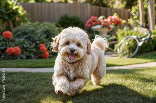 Adorable Maltipoo dog frolicking amidst a lush backyard landscape, capturing the essence of joy and playfulness