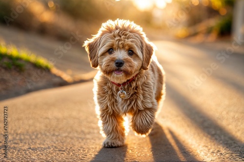 Image of a sweet brown multipoo dog standing on a worn cement path, bathed in the golden light of the setting sun. Pay special attention to capturing the dog's adorable features.