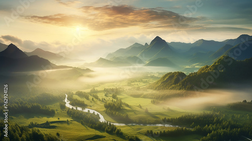 beautiful nature summer landscape with mountain valley during sunrise