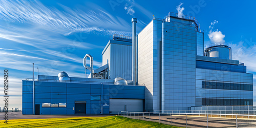The exterior of a modern waste to energy plant with blue skies in the background showcasing sustainable waste management solutions © Haleema