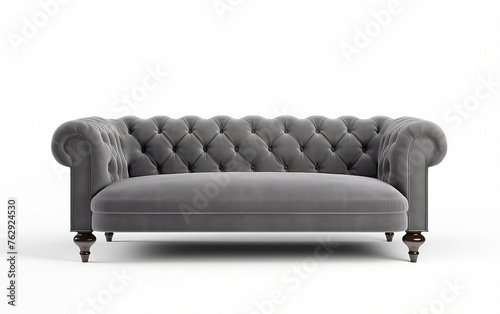 Grey sofa with pillows isolated on white. Grey velvet sofa on wooden legs on white background © Oksana