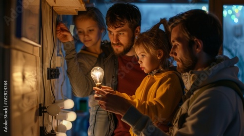 A family of five is gathered around a newly installed light fixture with the youngest child holding the bulb and being guided by the others on how to screw it in properly. photo
