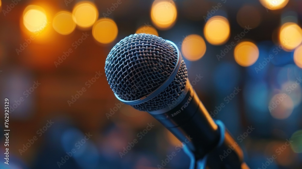Close-up of microphone awaits speaker at a bustling event venue Close-up of microphone awaits speaker at a bustling event venue
