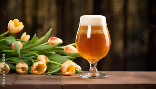 Deep amber & chilled beer in premium glass with tulips flowers in background, drink photography 