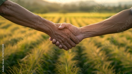 Farmers shake hands over a land agreement, merging tradition and technology