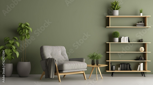 Interior living room with light green wall and shelf.