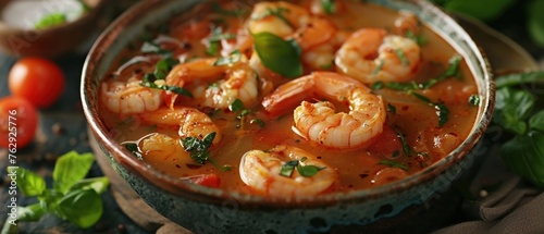 A bowl of spicy shrimp soup with herbs and tomatoes beautifully presented for a hearty