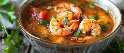 A bowl of spicy shrimp soup with herbs and tomatoes beautifully presented for a hearty
