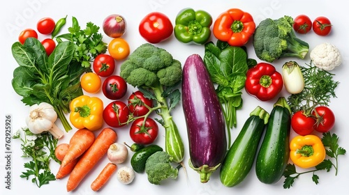 A diverse selection of vibrant fresh vegetables arranged on a white background