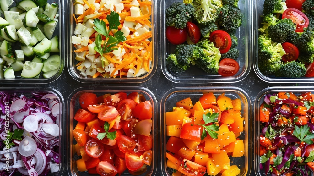 A Rows of meal prep containers filled with colorful and healthy salads ready for the week