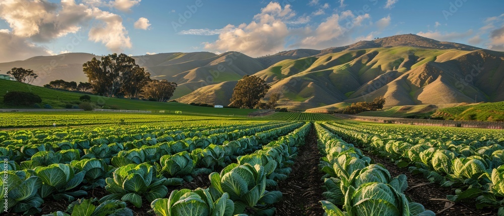 An Expansive green cabbage field flourishing in a scenic mountain valley - obrazy, fototapety, plakaty 