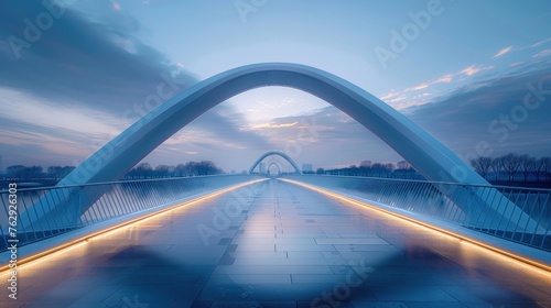 Futuristic bridge becomes a portal of light at the blue hour photo