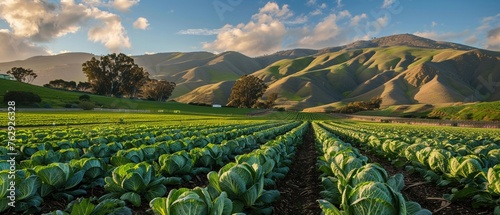An Expansive green cabbage field flourishing in a scenic mountain valley