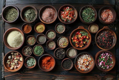 An extensive collection of spices and herbs displayed in bowls on a dark wooden surface