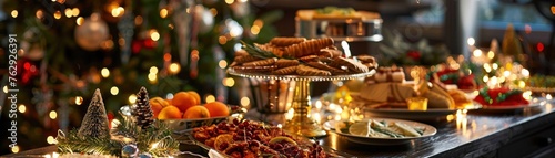 An inviting holiday buffet table adorned with an array of festive dishes and glowing lights creating a warm