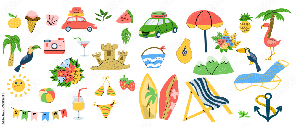 Summer beach tropical trip elements. Big summertime collection of hand drawn stickers. Summer vacation beach trip icons set with tropical birds.