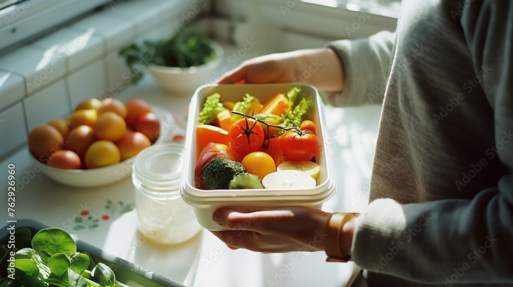 Hand of woman holding lunch box with healthy food on white table. natural light. Hand of woman holding lunch box with healthy food on white table. natural light.
