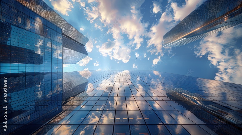 Urban giants reach for the sky reflecting clouds in their glass facades