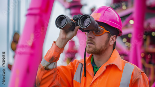 Portrait of a male oil worker in an orange uniform looking through binoculars for offshore vessel. on pink color background professional photography