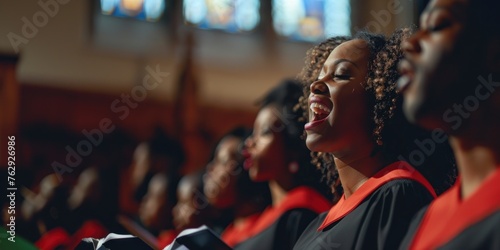 Diverse church choir singing joyfully in celebration with open mouths, creating a harmonious and uplifting atmosphere with their powerful voices resonating through the sacred space