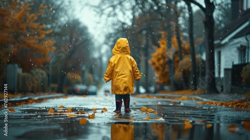 Child in a yellow raincoat enjoys puddles on a rainy suburban street