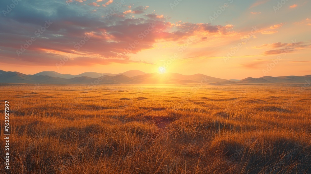 Serene landscape rolls into the distance under a warm sunrise