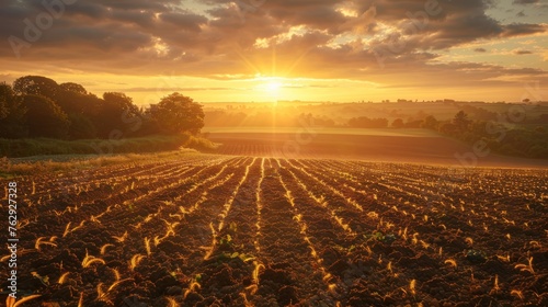 Sunset over farmland as water mists nourish the burgeoning crops