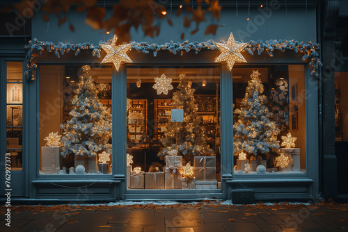 Storefront display arrangement With a cozy Christmas scene with a tree inside the church and one by the window. Present a warm and festive interior with holiday decorations  flowers and lights in an a