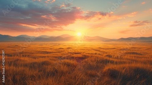 Serene landscape rolls into the distance under a warm sunrise photo