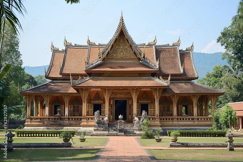 A serene and elegant scene with a blend of Thai architectural elements. traditional thai temple	
