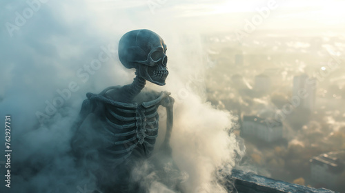 Reflection of a skeleton amidst the pollution of fire and fog. 