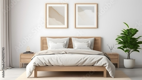 Frame mockup in cozy beige Japandi bedroom interior, 3d render © master graphics 