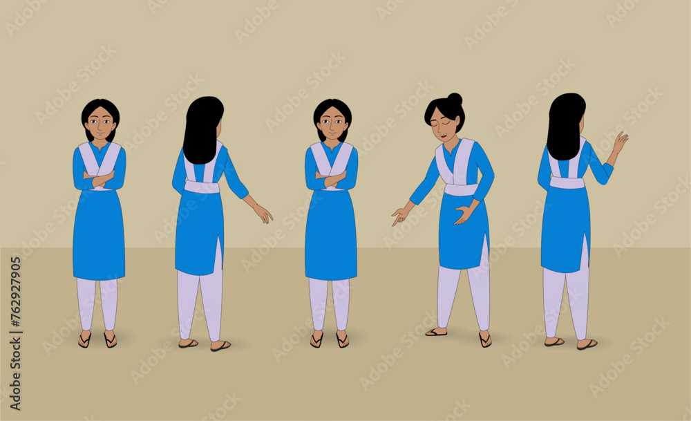 Obraz premium A series of vector illustrations of a woman with long black hair set of bangladeshi school girls