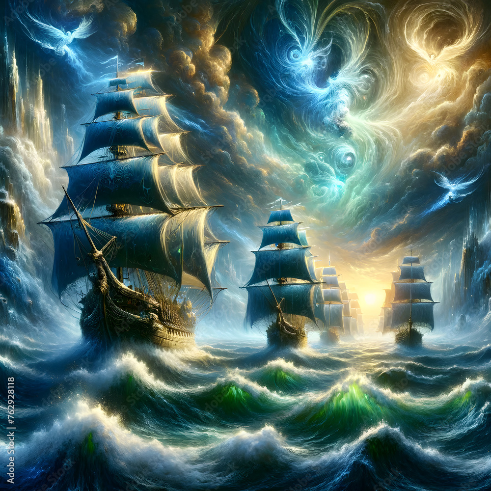 The ships are not ordinary; they are designed with elements of fantasy, like sails made of light, hulls with glowing runes, and figureheads that are alive with magic - obrazy, fototapety, plakaty 